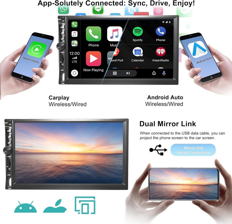 Emeito Upgrade Wireless 7" Double Din Car Stereo with Apple CarPlay Android Auto 178 * 102mm,Touchscreen Car Play Radio for Car,Screen for Bluetooth 5.0, Weatherproof Backup Camera,FM,AUX,Card Slot,USB,SWC - Image 2